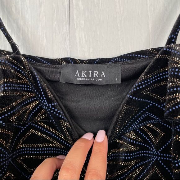AKIRA Off Shoulder Mini Dress - Black/Gold/Blue - Picture 4 of 6